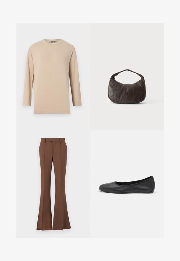 Beige langærmet rundhalset skjorte med en lige kant, vist mod en ensfarvet hvid baggrund.; Brune klokkeformedebukser lavet af glat stof, med flad front, bæltestropper og en skræddersyet pasform med subtile folder.; Sort læderballetsko med rund tå, glat tekstur, minimal syning og et fleksibelt såldesign.; Lille mørkebrun tekstureret håndtaske med kort rem og afrundet bund på en ensfarvet lys baggrund.