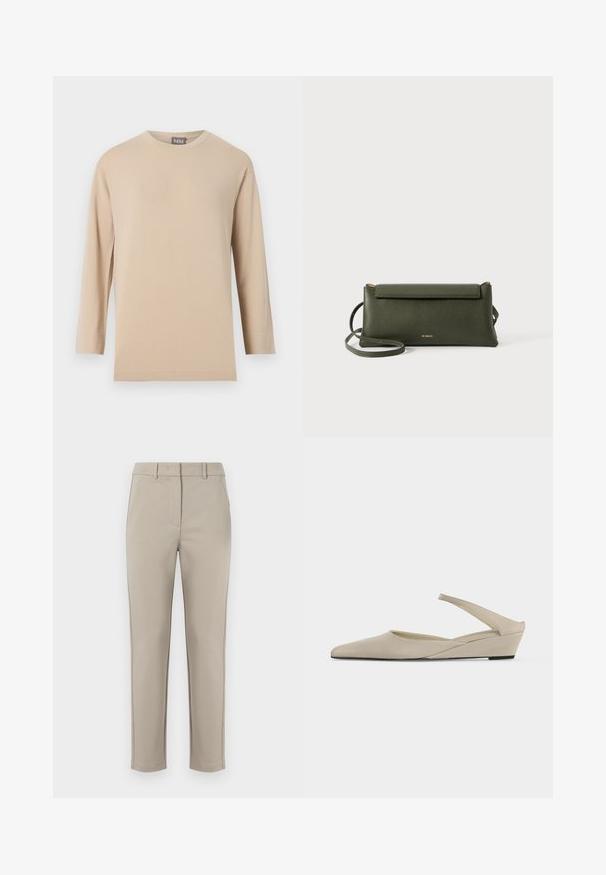 Camiseta beige de manga larga con cuello redondo y dobladillo recto, mostrada sobre un fondo blanco liso.; MM by MaxMara EFFETTO - Pantalones - sand; Zapato slingback beige con tacón cuña bajo, puntera puntiaguda y acabado mate suave, mostrado de perfil sobre fondo blanco.; Bolso cruzado de cuero texturizado en verde oscuro con cierre de solapa y correa delgada ajustable, grabado con el pequeño logo dorado "Bee Projects".