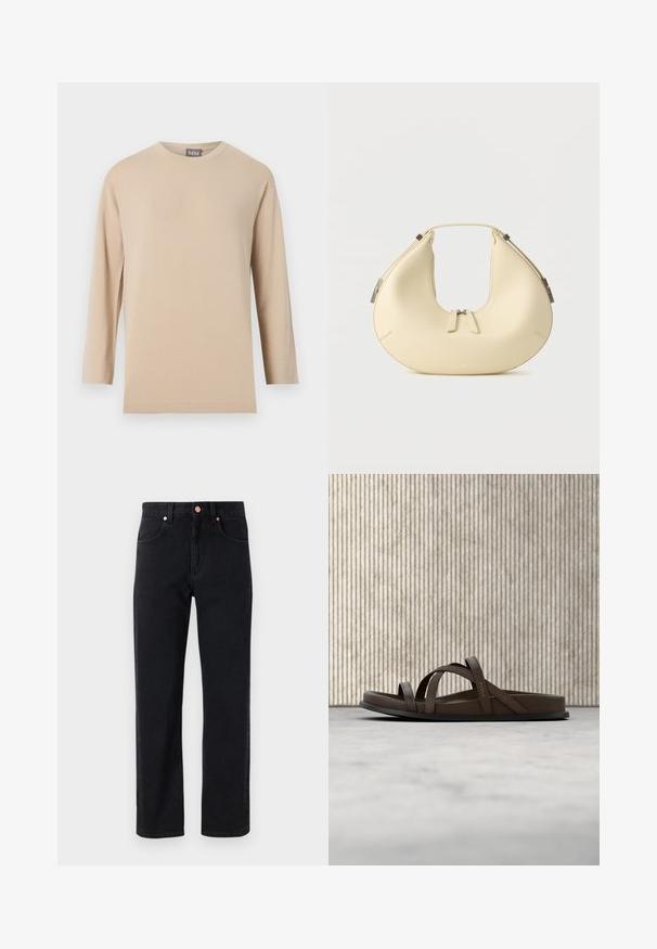 Beige langærmet rundhalset skjorte med en lige kant, vist mod en ensfarvet hvid baggrund.; Sorte denim jeans med lige ben, fem-lomme design, kobberknap detaljer og minimal syning synlig.; Brun læder slide sandal med krydsede remme og guld "Furla" branding, svævende over et beige tæppe nær en ravfarvet rund bordfod.; Beige håndtaske i halvmåneform med dobbelt lynlåslukning og kort håndtag, udstyret med sølvfarvede hardware-detaljer på siderne.