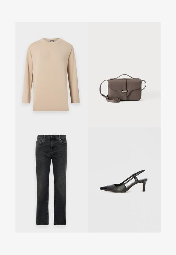Beige T-shirt met lange mouwen en ronde hals, met een rechte zoom, afgebeeld tegen een effen witte achtergrond.; Rechtdoorgaande zwarte vervaagde jeans voor mannen met een knoopsluiting aan de voorkant en vijf zakken op een eenvoudige witte achtergrond.; Zwarte leren slingback schoen met een puntige neus, voorzien van een glanzend detail op de neuskap en een hak van gemiddelde hoogte. Open zijkant ontwerp.; Bruine leren crossbodytas met bovenhandvat, voorflap en zilveren gesp, getoond tegen een effen witte achtergrond.