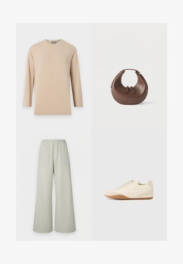 Beige long-sleeve crew neck shirt with a straight hem, displayed against a plain white background.; Light green wide-leg pants with an elastic waistband, featuring a textured fabric and no visible hardware or patterns.; Light beige sneakers with a textured leather upper, textured side panels, and a rubber sole. Features a slim, streamlined design and flat laces.; Brown crescent-shaped leather handbag with a top handle and dual zipper pulls on a white background.