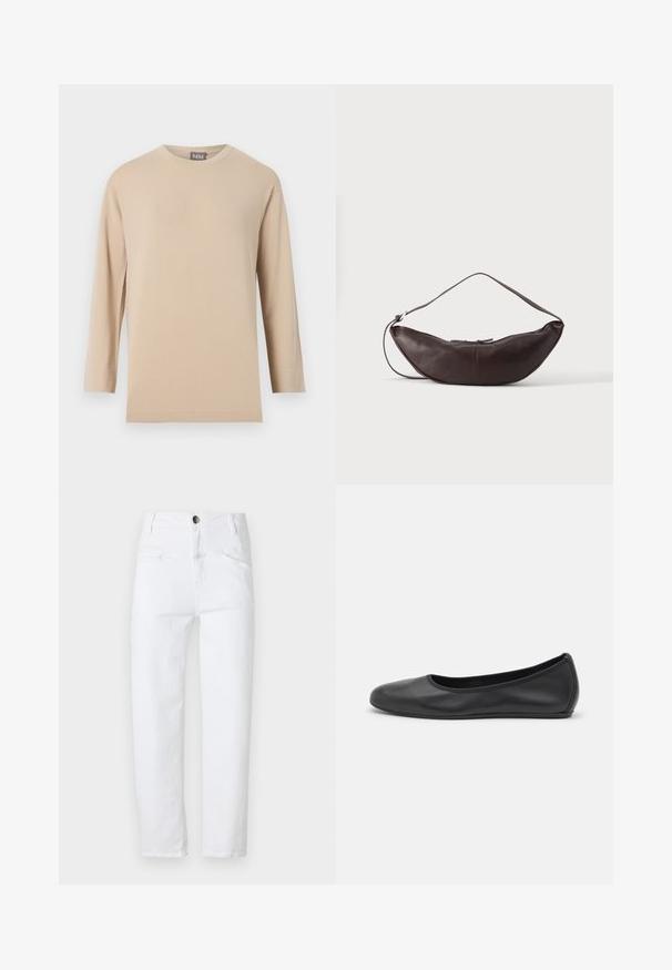 Beige langärmliges T-Shirt mit Rundhalsausschnitt und geradem Saum, präsentiert vor einem schlichten weißen Hintergrund.; Weiße Jeans mit hoher Taille, geradem Schnitt, zwei vorderen Taschen und einer hinteren Tasche. Verfügt über einen Metallknopf und einen Reißverschluss.; Schwarze Leder-Ballettschuhe mit abgerundeter Spitze, glatter Textur, minimalen Nähdetails und einem flexiblen Sohlen-Design.; Dunkelbraune Leder-Schultertasche in Halbmondform mit gebogenem Riemen und sichtbarer Naht auf schlichtem Hintergrund.