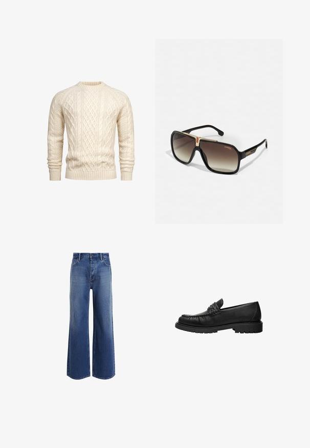 Creme kabelstrikket sweater med ribbede manchetter og halsudskæring. Har forskellige strukturerede mønstre, der viser et klassisk, chunky strikdesign.; Højtsiddende wide-leg jeans i mellemblå denim, med et klassisk fem-lomme design, let falmning og frynsede kantdetaljer.; Sort læderloafer med syninger på toppen, nitter på remmen og tyk gummisål, vist i profil på hvid baggrund.; Sorte rektangulære solbriller med gradientbrune linser, guldmetalaccenter ved næsebroen og sidearme med "Carrera"-logoet.