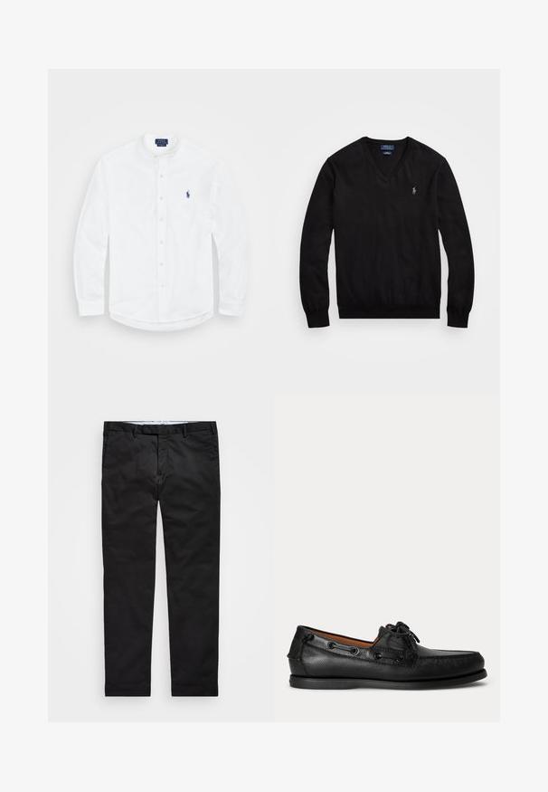 Zwarte v-hals trui van glad gebreide stof, met lange mouwen en een klein geborduurd logo op de borst. Eenvoudige ribbenrand.; Witte lange mouwen shirt met een bandkraag, knoopsluiting aan de voorkant en een blauw logo aan de linkerkant. Gemaakt van soepel katoen.; Zwarte chinos met een rechte pasvorm, gemaakt van een katoenmix stof, met een ritsfly, riemlussen en zijzakken. Glad textuur.; Zwarte leren mocassin met veterdetail en lage rubberen zool, zijaanzicht op een eenvoudige lichte achtergrond.
