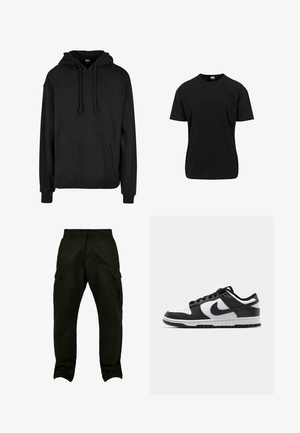 Sort hættetrøje med snor i hætten, frontlomme, ribbede manchetter og bund. Fremstillet af blødt, komfortabelt stof med et enkelt design.; Sort kortærmet t-shirt lavet af bomuld, med rund hals og klassisk pasform, uden synlige mønstre eller detaljer.; Sorte bomulds cargo bukser med en afslappet pasform, der har siderum, bæltestropper og lige ben. Tekstureret stof og forstærkede syninger.; Sort og hvid Nike Dunk sneakers med læderoverdel, perforeret tå, sorte snørebånd og en sort gummisål med slidbanedesign.