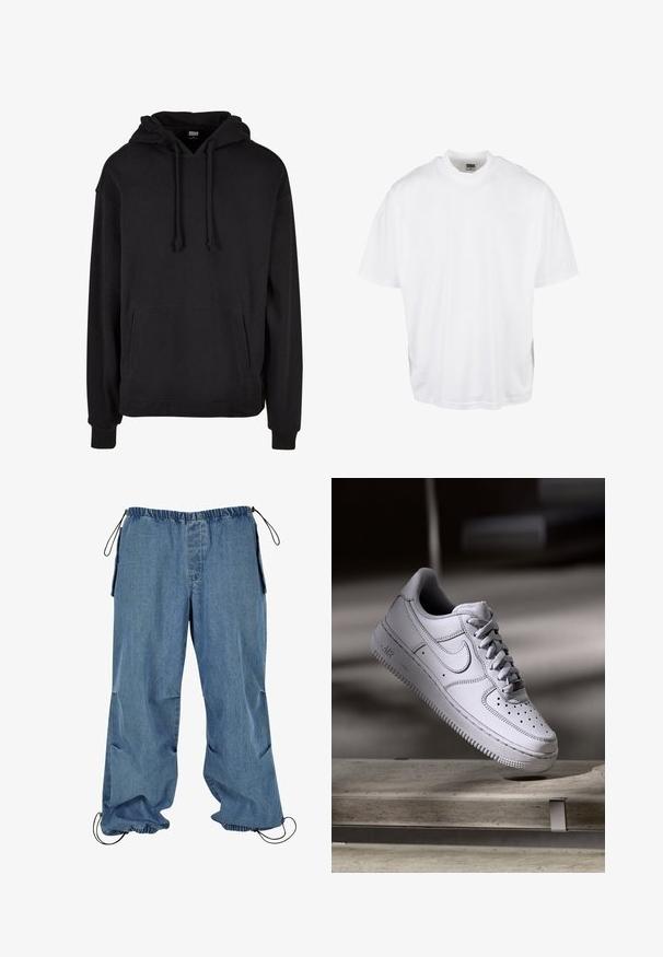 Sudadera negra con capucha ajustable, bolsillo frontal tipo canguro, puños y dobladillo acanalados. Fabricada con un tejido suave y cómodo con un diseño sencillo.; Camiseta de algodón blanca con un corte relajado, mangas cortas y cuello redondo, que presenta un dobladillo recto y sin gráficos ni patrones visibles.; Pantalones de mezclilla azul claro con cintura elástica, puños con cordón y bolsillos laterales. La tela parece suave con una textura ligeramente descolorida.; Zapatilla Nike Air Force 1 de cuero blanco que presenta una puntera perforada, cordones planos y una suela de goma texturizada con la marca "AIR" en el lateral.