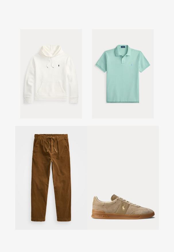 Weißer Pullover Hoodie mit vorderer Kängurutasche, Kapuzenkordel und kleinem schwarzem, besticktem Polo Ralph Lauren-Logo auf der linken Brust.; Hellgrünes Poloshirt mit kurzen Ärmeln, Knopfleiste mit zwei Knöpfen und kleinem, besticktem Logo auf der linken Brust.; Braune Cordhosen mit einem elastischen Bund und Zugband, seitlichen Taschen und geraden Beinen mit strukturiertem Rippenmuster.; Beiger Wildleder- und Leder-Low-Top-Sneaker mit Gummisohle, weißen Schnürsenkeln und Polo-Logo an der Seite und an der Sohle.