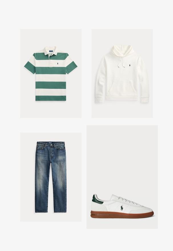 Biely pulóver s kapucňou, predné vrecko kangaroo, šnúrka na kapucni a malé čierne vyšívané logo Polo Ralph Lauren na ľavej strane hrude.; Polo tričko s krátkym rukávom s širokými horizontálnymi zelenými a bielymi pruhmi, bielym golierom a malým vyšívaným logom na hrudi.; Modré džínsové nohavice s voľným strihom, vyblednutým efektom, viditeľnými známkami opotrebenia, priamym strihom a tradičným zapínaním na gombíky.; Biele kožené tenisky s zeleným akcentom na päte, textúrovaná semišová časť, gumová podrážka a vyšívané logo na boku. Obsahuje šnurovací dizajn.