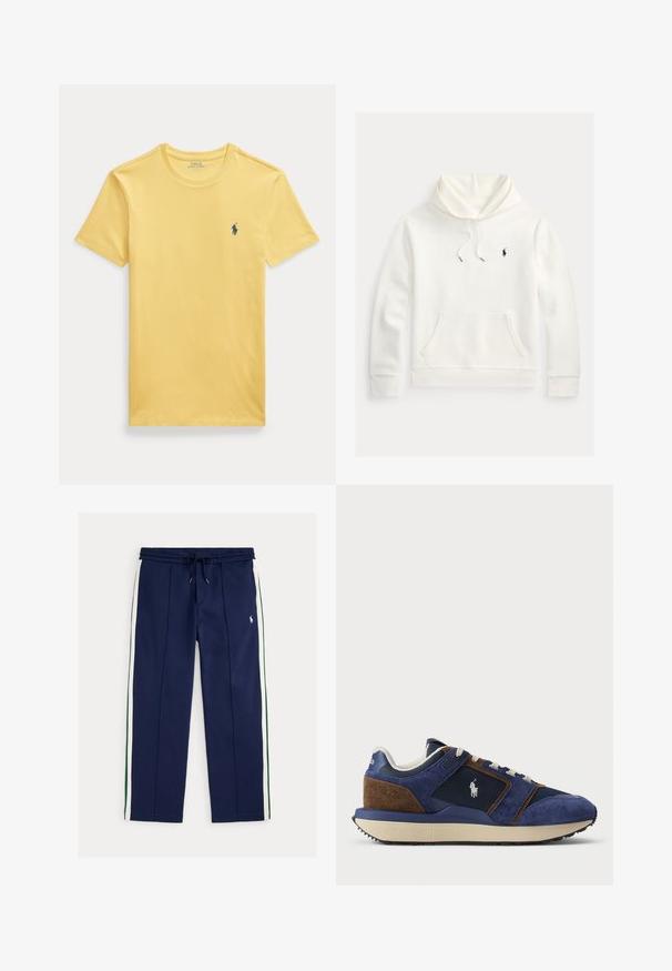 Biely pulóver s kapucňou, predné vrecko kangaroo, šnúrka na kapucni a malé čierne vyšívané logo Polo Ralph Lauren na ľavej strane hrude.; Žlté bavlnené tričko s okrúhlym výstrihom a krátkymi rukávmi. Na ľavej strane hrude je malá modrá vyšívaná logo.; Námornícky modré teplákové nohavice s bielymi a zelenými bočnými pruhmi, šnúrkou v páse, prednými vreckami a malým bielym vyšívaným logom na pravom stehne.; Námornícky modré semišové a sieťované tenisky s svetlejšími akcentmi, béžová gumená podrážka a biele šnúrky; na boku sa nachádza logo.
