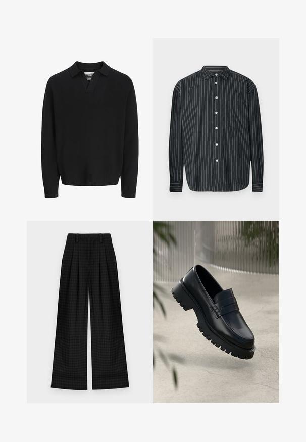 Black knitted sweater with a V-neck and collar. Features ribbed cuffs and hem. Smooth texture, minimalist design.; Black long-sleeve button-up shirt with thin white vertical stripes, single chest pocket, smooth fabric, and classic collar design.; Black checkered wide-leg trousers with pleats, featuring a smooth texture and classic design. Lightweight fabric for comfort.; Black leather loafers with a chunky tread sole, featuring a decorative strap and stitching detail. Smooth texture with a polished finish.