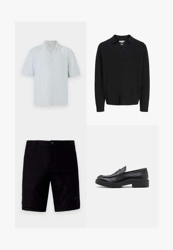 Sort strikket sweater med V-hals og krave. Har ribbede manchetter og søm. Glat tekstur, minimalistisk design.; Kortærmet skjorte med knaplukning i lys blå og hvide striber. Har klassisk krave og en afslappet pasform i et let materiale.; Sorte shorts med en glat overflade, der har knaplukning, traditionelle lommer og opbrettede kanter. Fremstillet af letvægtsstof.; Sorte læder loafers med rund tå, slip-on design og tyk gummisål med tekstureret greb. Forhøjet hæl og subtile syninger.