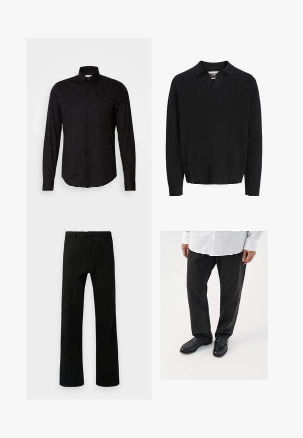 Pull en tricot noir avec un col en V. Équipé de poignets et d'un ourlet côtelés. Texture lisse, design minimaliste.; Chemise noire à manches longues en tissu lisse. Dotée d'un col classique, d'un patte de boutonnage et d'un ourlet droit. Aucune motif ou accent présent.; Pantalons noirs à jambe droite avec poches avant, fermeture par bouton et passants de ceinture, présentés sur un fond blanc.; Pantalons en denim noir associés à des mocassins noirs brillants. La chemise est blanche avec de fines rayures verticales, avec des manches longues et un col boutonné.