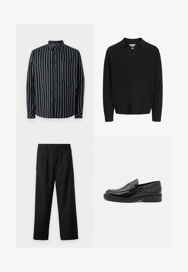Sort strikket sweater med V-hals og krave. Har ribbede manchetter og søm. Glat tekstur, minimalistisk design.; Sort button-up skjorte med blå lodrette striber, lange ærmer, krave og en brystlomme. Glat stof, afslappet pasform, standard knapper.; Sorte bukser med lige pasform, der har en enkelt knaplukning, to for-lommer og en glat, let stofstruktur.; Sorte læder loafers med en glat finish, rund tå, lav hæl og dekorativ syning langs forsiden. Gummisål for godt greb.