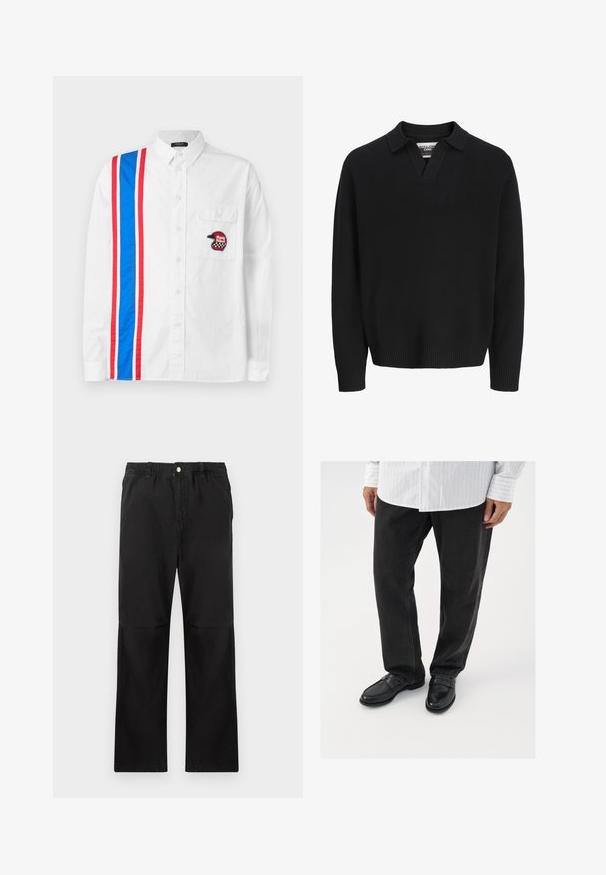 Čierny pletený sveter s výstrihom do V a golierom. Obsahuje rebrované manžety a lem. Hladká textúra, minimalistický dizajn.; Biela košeľa s button-up zapínaním, ktorá má na jednej strane modro-červený pruhovaný dizajn a čiernu vyšívanú nášivku prilby na vrecku na hrudi.; Čierne nohavice z bavlny s elastickým pásom, rovného strihu, hladkej textúry a bez viditeľných akcentov alebo vzorov.; Čierne denimové nohavice v kombinácii s lesklými čiernymi polobotkami. Košeľa je biela s tenkými vertikálnymi pruhmi, má dlhé rukávy a zapínanie na gombíky.