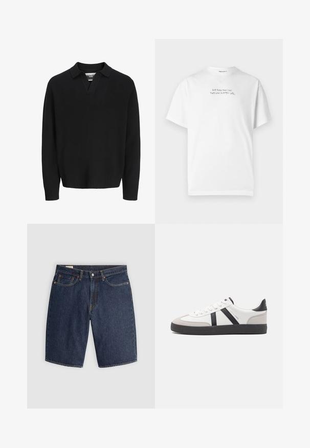Suéter negro de punto con escote en V y cuello. Presenta puños y dobladillo acanalados. Textura suave, diseño minimalista.; Camiseta blanca de manga corta con un pequeño texto negro en el pecho que dice: "Las cosas buenas toman tiempo, por eso siempre llego tarde."; Pantalones cortos de mezclilla en azul oscuro, con un diseño clásico que incluye cinco bolsillos, costuras cosidas, cierre de botón y bolsillos traseros curvados.; Zapatilla blanca con acentos en negro y gris, que presenta una puntera texturizada en gris, suela de goma negra y cordones planos blancos. Diseño limpio, estilo minimalista.