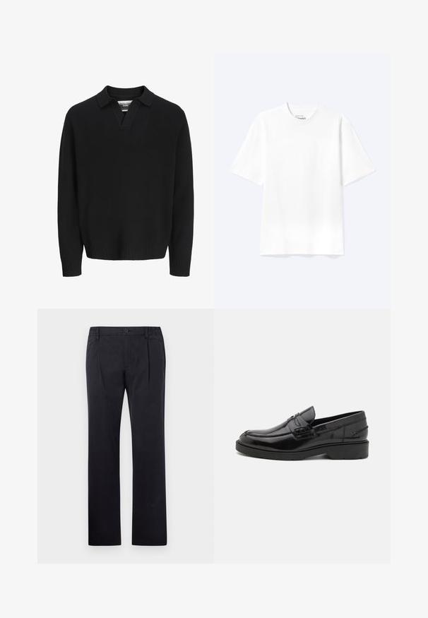 Pull en tricot noir avec un col en V. Équipé de poignets et d'un ourlet côtelés. Texture lisse, design minimaliste.; T-shirt blanc uni à manches courtes et col rond avec une coupe décontractée, présenté sur un fond clair.; Pantalons en coton noirs avec une coupe droite, dotés d'une fermeture à bouton et d'une taille élastique pour un ajustement confortable. Texture lisse, sans motifs.; Mocassins en cuir noir avec une finition lisse, un bout rond, un petit talon et descoutures décoratives à l'avant. Semelle en caoutchouc pour l'adhérence.