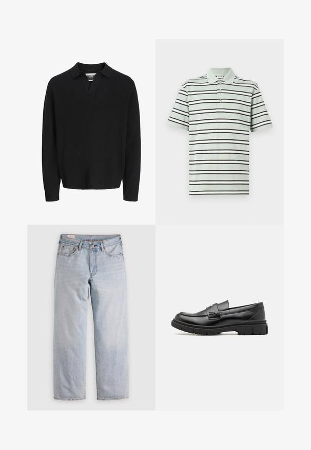 Sort strikket sweater med V-hals og krave. Har ribbede manchetter og søm. Glat tekstur, minimalistisk design.; Stripet polo shirt i lys grøn med sort og hvid vandret striber. Tre-knaps placket og korte ærmer. Bomuldsstruktur.; Lyseblå lige ben jeans med høj talje, knaplukning samt for- og baglommer, præsenteret på en flad overflade.; Sort læder loafersko med en bred rem over forfoden, gummisål med tykke mønstre og glat overflade. Klassisk, slankt design.