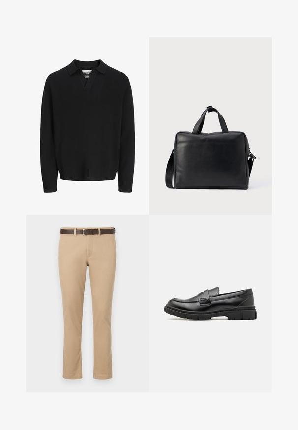 Sort strikket sweater med V-hals og krave. Har ribbede manchetter og søm. Glat tekstur, minimalistisk design.; Khaki bukser med lige snit, lavet af bomuld, der har et brunt læderbælte med en sølvspænde. Glat tekstur, ingen mønstre.; Sort læder loafersko med en bred rem over forfoden, gummisål med tykke mønstre og glat overflade. Klassisk, slankt design.; Sort lædertaske med rektangulært design, to håndtag, aftagelig skulderrem og få dekorationer.