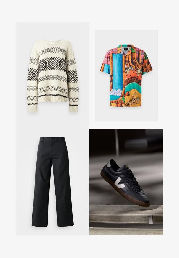Pull en tricot crème avec des motifs géométriques noirs. Il dispose d'un col rond, de manches tombantes et d'un ourlet et de poignets côtelés.; Chemise à manches courtes à boutons présentant un imprimé paysager coloré avec des cascades, des chevaux et un léopard, sur un tissu texturé.; Pantalon noir à jambes larges en coton. Doté d'une fermeture à bouton, de passants de ceinture et de poches latérales. Texture lisse avec une coupe ajustée.; Baskets en cuir noir avec logo V blanc, avant lacé, détails perforés et semelle en caoutchouc brun; design épuré avec peu d'accents.