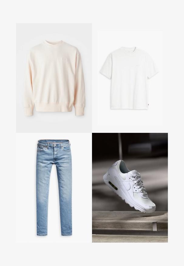Lichtroze sweatshirt van zacht materiaal, voorzien van een ronde hals, geribde manchetten en zoom; klein reliëf logo op de voorkant.; Wit katoenen T-shirt met korte mouwen, ronde hals en een subtiel "Levi's" logo in een lichte kleur op de voorkant gedrukt.; Lichtblauwe denim jeans, rechte pasvorm, vijf-pocket ontwerp, met een rits en knoopsluiting. Soepele textuur met subtiele vervagingsdetails.; Witte Nike Air Max 90 sneaker met een bovenwerk van mesh en leer, een geperforeerde teenbox en een zichtbare luchtunit in de hiel.