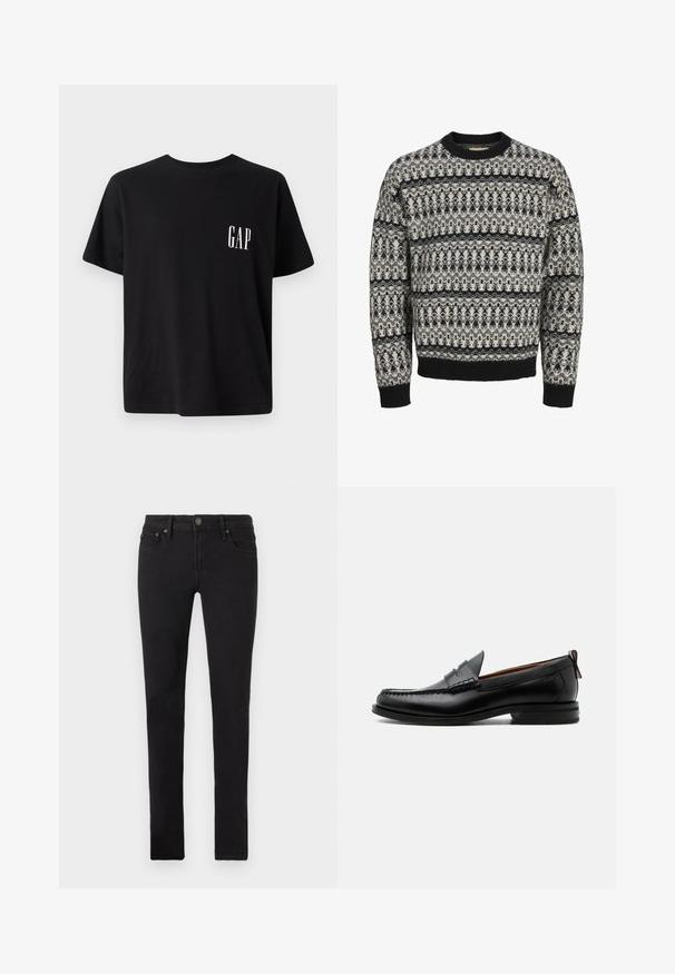 Sort-hvid mønstret strikket sweater med lange ærmer, rund hals og ribbede manchetter og kant.; Sort bomulds t-shirt med rund hals, korte ærmer og et lille hvidt "GAP" logo på venstre brystområde. Casual pasform med en glat tekstur.; Sorte slim-fit jeans med fem lommer, knaplukning og bælteklips, vist fladt på en hvid baggrund.; Sort læder herre loafer med moc-tå syning, penny strop, struktureret krave og lav stablet hæl på hvid baggrund.