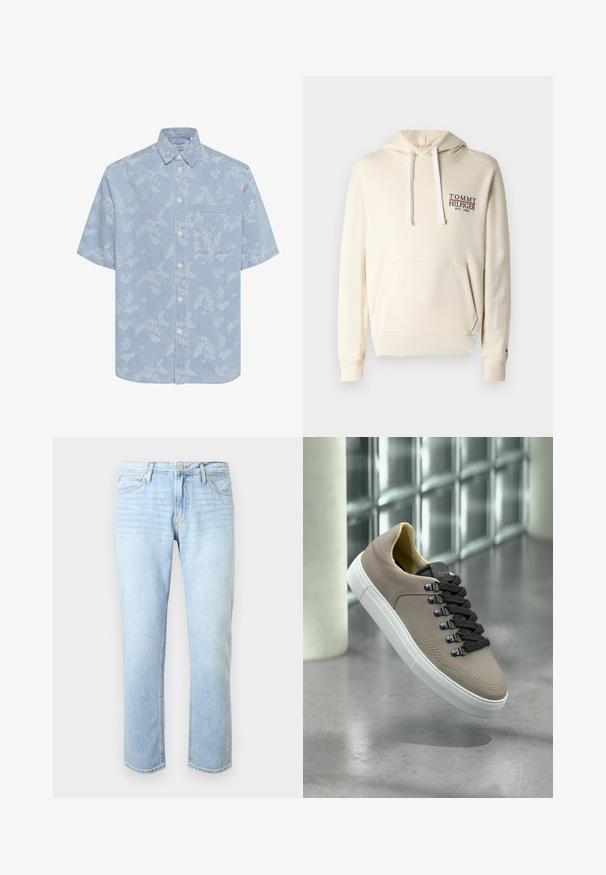 Sudadera con capucha de color crema con bolsillo delantero y cordones blancos, mostrando el texto "Tommy Hilfiger Est. 1985" en el pecho izquierdo.; Camisa de manga corta azul claro con patrón floral blanco, cierre de botones en el frente y un bolsillo en el pecho. Hecha de un material similar al denim.; Vaqueros de mezclilla azul claro con un corte relajado, cinco bolsillos, cierre de botón y un sutil desgaste en toda la tela.; Zapatilla beige con cordones negros y suela blanca flotando sobre suelo de hormigón pulido, con pared de bloques de vidrio y columna al fondo.