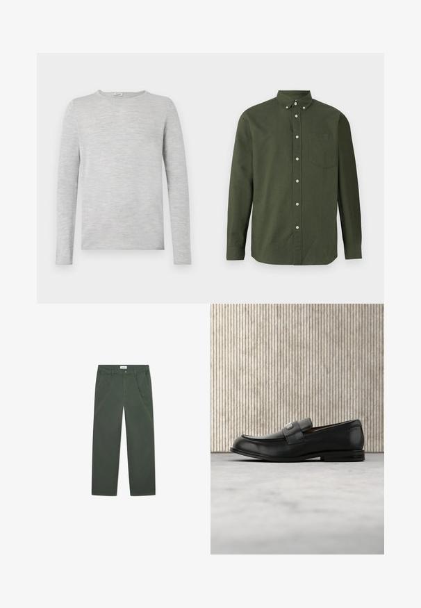 Camisa de manga larga gris hecha de un tejido suave y texturizado, con cuello redondo y corte recto, sin patrones o acentos visibles.; Camisa abotonada de color verde oscuro con mangas largas, cuello con solapas, un bolsillo en el pecho y acentos de botones blancos; hecha de una tela ligera.; Pantalones de algodón verde oscuro con un diseño de pierna recta, bolsillos frontales y cierre de botón en la cintura. Textura suave, sin patrones.; Mocasín de cuero negro con una placa metálica de marca apoyado cerca de una mesa redonda marrón sobre un suelo alfombrado beige.