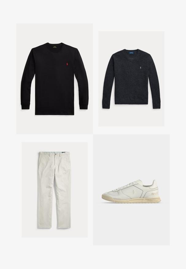 Mørkegrå strikket sweater med rund halsudskæring, tekstureret stof og broderet logo på venstre bryst. Lange ærmer og ribbede manchetter.; Sort langærmet T-shirt med rund halsudskæring, med lille rødt broderet logo på venstre bryst og ribstrikkede manchetter.; Lysebeige bukser med lige ben, forlommer, bæltestropper og knaplukning, vist fladt mod en hvid baggrund.; Hvid lavtop lædersneaker med beige sål, snørebånd foran og Polo Ralph Lauren logoer prægede på siden og hælen.