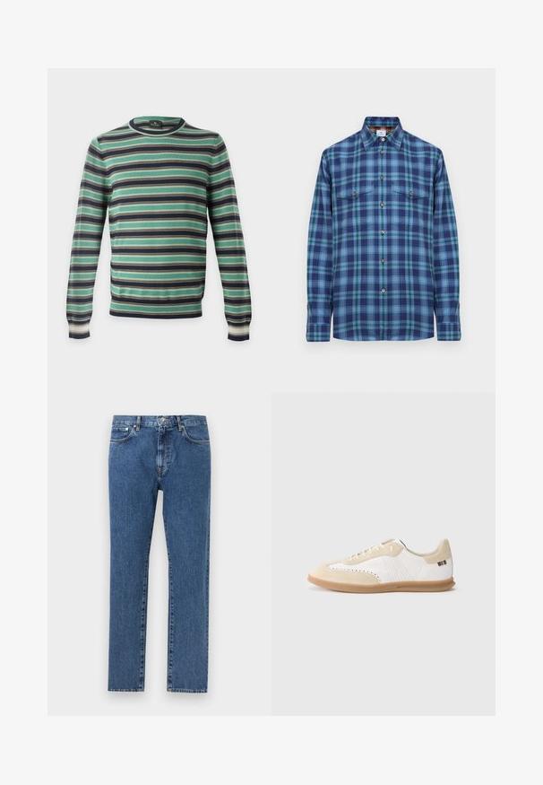 Pull à manches longues col rond avec des rayures horizontales en vert, noir, blanc et marron, présenté sur un fond uni.; Chemise à manches longues à boutons avec un motif à carreaux bleu, vert et marine et deux poches poitrine à boutons sur fond blanc.; Jean en denim bleu à jambes droites avec cinq poches, fermeture par bouton et fermeture éclair, présenté à plat sur un fond gris clair.; Baskets blanches avec accents en daim beige clair, détails perforés, lacets plats et semelle en caoutchouc naturel. Présentent un logo rayé sur le talon.