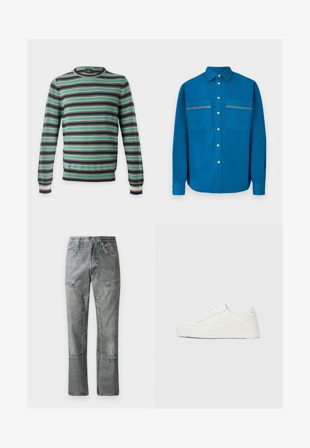 Pull à manches longues col rond avec des rayures horizontales en vert, noir, blanc et marron, présenté sur un fond uni.; Chemise à manches longues boutonnée en coton bleu vif. Comprend deux poches avant avec des surpiqûres contrastées et un col classique.; Jean en denim gris à coupe droite, avec poches avant, coutures visibles et finition décolorée. Le matériau a une texture lisse.; Baskets basses en cuir blanc avec fermeture à lacets, languette de talon texturée et semelle en caoutchouc blanc légèrement rainurée sur un fond clair uni.