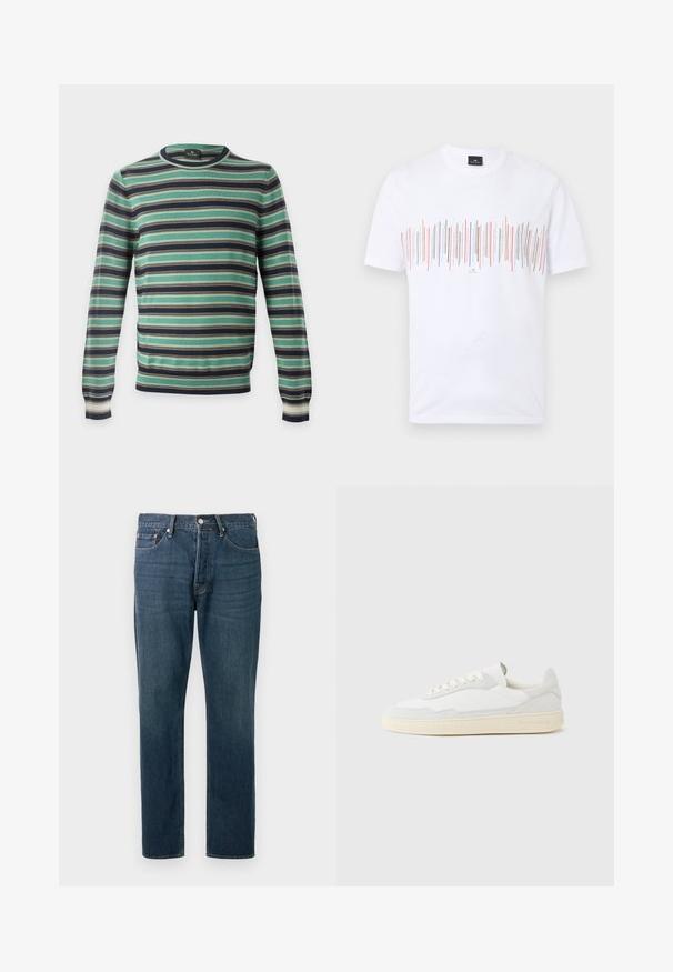 Langærmet rundhalset sweater med horisontale striber i grønt, sort, hvidt og brunt, vist på en ensfarvet baggrund.; Hvid t-shirt med korte ærmer og flerfarvede lodrette linjer på tværs af brystet samt en lille sort label ved halsudskæringen.; Mørkeblå denimjeans med straight ben, fem lommer og synlige sømme. Har en metalknap og lynlåslukning.; Hvid sneakers med en øvre del i tekstureret ruskind og læder. Har rundet tå, snørelukning og kontrasterende beige gummisål.