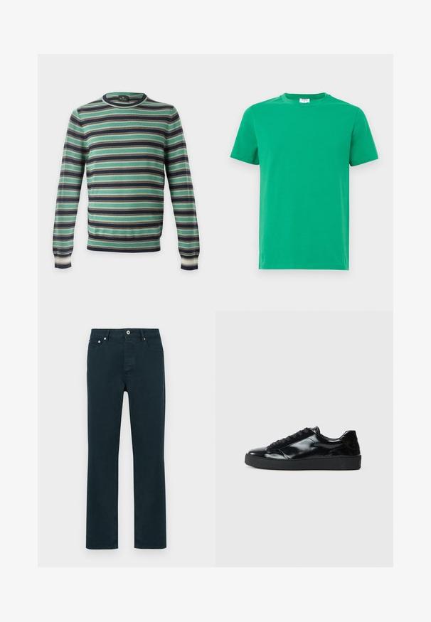 Trui met lange mouwen en ronde hals met horizontale strepen in groen, zwart, wit en bruin, afgebeeld op een effen achtergrond.; Groene katoenen t-shirt met korte mouwen, ronde halslijn en een gladde textuur. Eenvoudig ontwerp zonder patronen of versieringen.; Donkerblauwe rechte broek met een soepel textuur, vijf zakken en zilveren hardware. Klassiek ontwerp met een middelhoge taille.; Zwarte gepatenteerde leren sneakers met een ronde neus, vetersluiting, een gestructureerde rubberen zool en een glanzende afwerking.