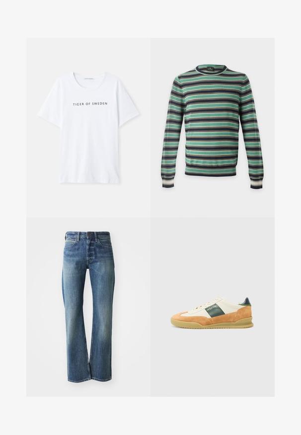 Jersey de manga larga con cuello redondo y rayas horizontales en verde, negro, blanco y marrón, mostrado sobre un fondo liso.; Camiseta blanca con cuello redondo y mangas cortas. Texto negro que dice "TIGER OF SWEDEN" centrado en la parte delantera. Textura de tela suave.; Vaqueros de mezclilla en un color azul claro a medio, con corte recto, diseño clásico de cinco bolsillos y un sutil desgaste en la parte frontal.; Zapatilla atlética blanca y tostada con materiales de ante y piel. Raya de acento verde, suela de goma y un mínimo de marca en dorado en el lateral.