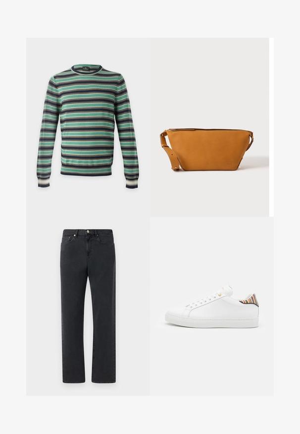 Langærmet rundhalset sweater med horisontale striber i grønt, sort, hvidt og brunt, vist på en ensfarvet baggrund.; Sorte denimjeans med et lige bendesign, fem lommer og metalhardware-accenter. Stoffet har en glat, let struktureret finish.; Hvide lædersneakers med en glat overflade, prydet med en farverig stribet detalje på hælen, guldøje og flad hvid sål.; Lys brun læder crossbody taske med justerbar rem og lynlås, vist mod en ensartet lys baggrund.