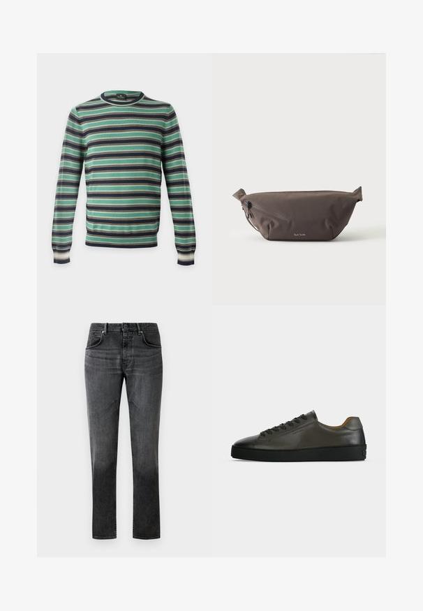 Langærmet rundhalset sweater med horisontale striber i grønt, sort, hvidt og brunt, vist på en ensfarvet baggrund.; Sorte denim jeans med lige pasform, fem-lomme design og subtilt slid. Har en knaplukning og bæltestropper. Glat tekstur.; Lavtskåret mørkegrå læder sneaker med sorte snørebånd og sål, minimalistisk design, sideprofil på en ensfarvet lys baggrund.; Mørkebrun stof talje taske med diagonalt lynlåslomme og lille hvidt logo på fronten, sat mod en ensfarvet lys baggrund.