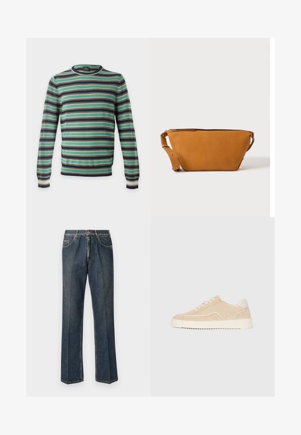 Langærmet rundhalset sweater med horisontale striber i grønt, sort, hvidt og brunt, vist på en ensfarvet baggrund.; Mørkeblå lige ben denim jeans med frontknap, lynlås, dobbelte forlommer og synlige lodrette folder ned langs benene.; Beige ruskinds sneakers med hvid sål og snørebånd, lavtop design og zigzag mønster på sålen.; Lys brun læder crossbody taske med justerbar rem og lynlås, vist mod en ensartet lys baggrund.