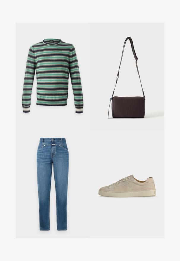 Langærmet rundhalset sweater med horisontale striber i grønt, sort, hvidt og brunt, vist på en ensfarvet baggrund.; Blå, højtaljede straight-leg jeans med frontlommer, bæltestropper, knaplukning og subtile falmningdetaljer.; Beige ruskind lavtop sneaker med snørelukning og tyk gummisål, vist fra siden på en ensfarvet hvid baggrund.; Mørkebrun textured læder crossbody taske med justerbar rem og lille dekorativ blå accent på siden.
