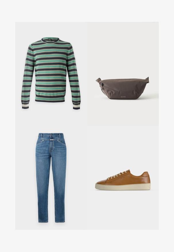 Langærmet rundhalset sweater med horisontale striber i grønt, sort, hvidt og brunt, vist på en ensfarvet baggrund.; Blå, højtaljede straight-leg jeans med frontlommer, bæltestropper, knaplukning og subtile falmningdetaljer.; Lavtop brun læder sneaker med cremefarvede snørebånd og tyk cremefarvet gummisål vist i sideprofil på hvid baggrund.; Mørkebrun stof talje taske med diagonalt lynlåslomme og lille hvidt logo på fronten, sat mod en ensfarvet lys baggrund.