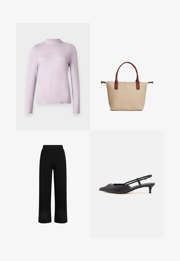 Suéter de manga larga en lavanda claro con cuello alto, hecho de una tela suave y texturizada; diseño ajustado con un cuello alto y ceñido.; Pantalones de chándal negros con un diseño de pierna ancha, cintura elástica y bordado floral en el dobladillo. Fabricados con una tela suave y elástica.; Zapatos slingback negros con punta afilada, hechos de material suave, con un pequeño tacón y un acento decorativo plateado en el empeine.; Bolso tote beige con asas marrones, pequeño logo dorado centrado debajo de las asas y cierre de cremallera en la parte superior.