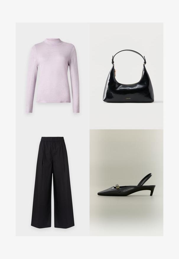 Suéter de manga larga en lavanda claro con cuello alto, hecho de una tela suave y texturizada; diseño ajustado con un cuello alto y ceñido.; Pantalones de pierna ancha negros, hechos de una tela suave, con una cintura elástica y sin bolsillos ni detalles de hardware visibles.; Zapato de tacón bajo tipo kitten en piel negra con talón descubierto, punta puntiaguda y hebilla pequeña color dorado sobre un fondo liso.; Bolso negro brillante de Calvin Klein con cremallera dorada y correa corta sobre un fondo blanco liso.