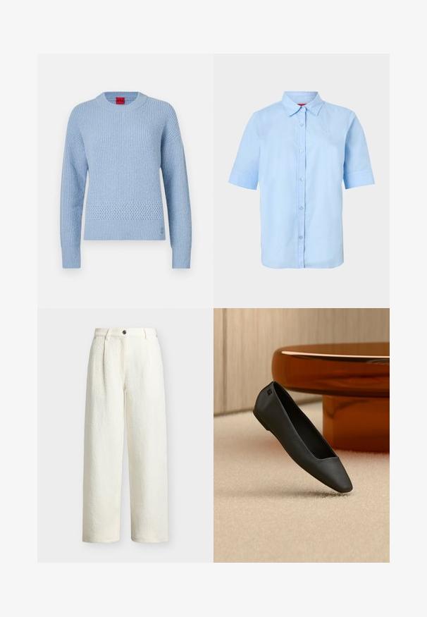 Pull tricoté bleu clair avec une texture côtelée, un col rond et un détail tissé à la taille. Manches longues avec poignets ajustés.; Chemise bleu clair à manches courtes avec col pointu et logo en relief subtil sur le côté gauche de la poitrine.; Pantalon large taille haute couleur crème en tissu texturé, fermeture devant par boutons, passants de ceinture et poches latérales.; Chaussure plate noire à bout pointu reposant sur un tapis beige près d'une table ronde de couleur ambre dans un décor minimaliste.