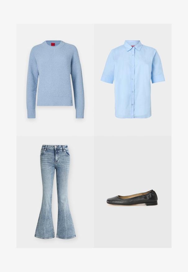 Pull tricoté bleu clair avec une texture côtelée, un col rond et un détail tissé à la taille. Manches longues avec poignets ajustés.; Chemise bleu clair à manches courtes avec col pointu et logo en relief subtil sur le côté gauche de la poitrine.; Jean en denim bleu clair taille haute avec un lavage délavé, poches avant, fermeture par bouton et zip, et jambes évasées style pattes d'éléphant.; Ballerines en cuir noir avec un bout arrondi et des coutures minimales. Talon bas et rectangulaire avec une texture lisse. Détails subtils de doublure intérieure.