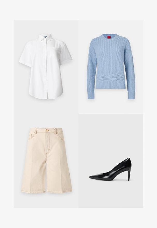 Pull tricoté bleu clair avec une texture côtelée, un col rond et un détail tissé à la taille. Manches longues avec poignets ajustés.; Chemise blanche à manches courtes avec col et poche poitrine, présentée sur un fond clair uni.; Shorts en denim beige taille haute longueur au genou avec bouton et fermeture éclair à l'avant, passants pour ceinture, ainsi que poches latérales et poche monnaie.; Chaussure à talon haut en cuir noir avec un bout pointu, texture lisse et un talon effilé. Design minimaliste, sans embellissements supplémentaires.