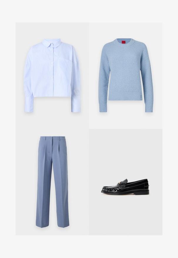 Suéter de punto azul claro con textura acanalada, cuello redondo y detalle tejido en la cintura. Mangas largas con puños ajustados.; Camisa de botones cortada en azul claro con rayas verticales blancas, que presenta un cuello desplegado y un bolsillo en el pecho. Textura de tela suave.; Pantalones plisados azul claro con un corte ajustado, hechos de una tela suave. Cuentan con un diseño de pierna recta y una cintura de tiro medio.; Mocasines de cuero negro con puntera redondeada, costuras decorativas y un pequeño acento dorado en el empeine. Suela plana de goma, diseño elegante.