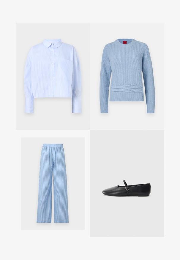 Lichtblauwe gebreide trui met een geribbelde textuur, ronde halslijn en geweven detail in de taille. Lange mouwen met aansluitende boorden.; Korte button-up shirt in lichtblauw met witte verticale strepen, het heeft een spread collar en een borstzak. Zachte stoffen textuur.; Lichtblauwe broek met wijde pijpen, verticale donkerblauwe fijne strepen en een elastische tailleband.; Zwarte leren balletschoenen met een spitse neus, platte zool en een kleine strap met een zilveren gespsluiting.