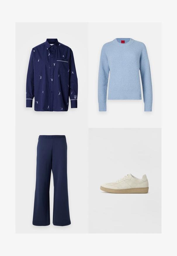 Pull tricoté bleu clair avec une texture côtelée, un col rond et un détail tissé à la taille. Manches longues avec poignets ajustés.; Chemise bleu marine à boutons avec rayures blanches et figures brodées ludiques. Comprend une poche appliquée et un bord contrastant blanc sur les poignets.; Pantalon large bleu marine avec taille élastique, en tissu doux, présenté sur un fond blanc uni.; Baskets en daim beige avec un design texturé, semelle en caoutchouc plate et couture latérale distincte. Bout arrondi et col rembourré.