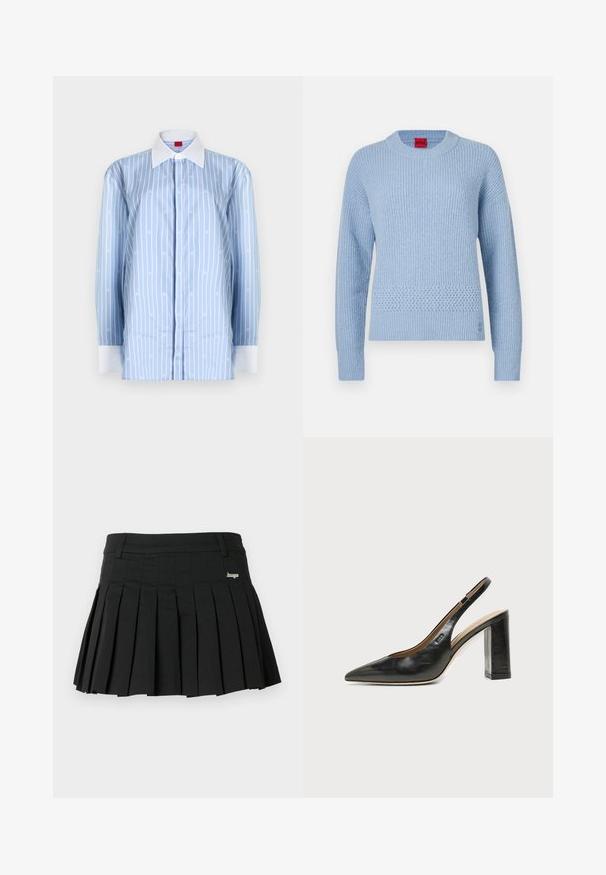 Pull tricoté bleu clair avec une texture côtelée, un col rond et un détail tissé à la taille. Manches longues avec poignets ajustés.; Chemise bleu clair à manches longues avec rayures verticales blanches et motifs de logo subtils. Col classique et accents de poignet blanc.; Jupe plissée noire en tissu léger, dotée d'une ceinture plate et d'un petit logo métallique sur le côté gauche avant.; Chaussure slingback en cuir noir à bout pointu avec un talon bloc haut et une doublure intérieure beige sur un fond clair uni.