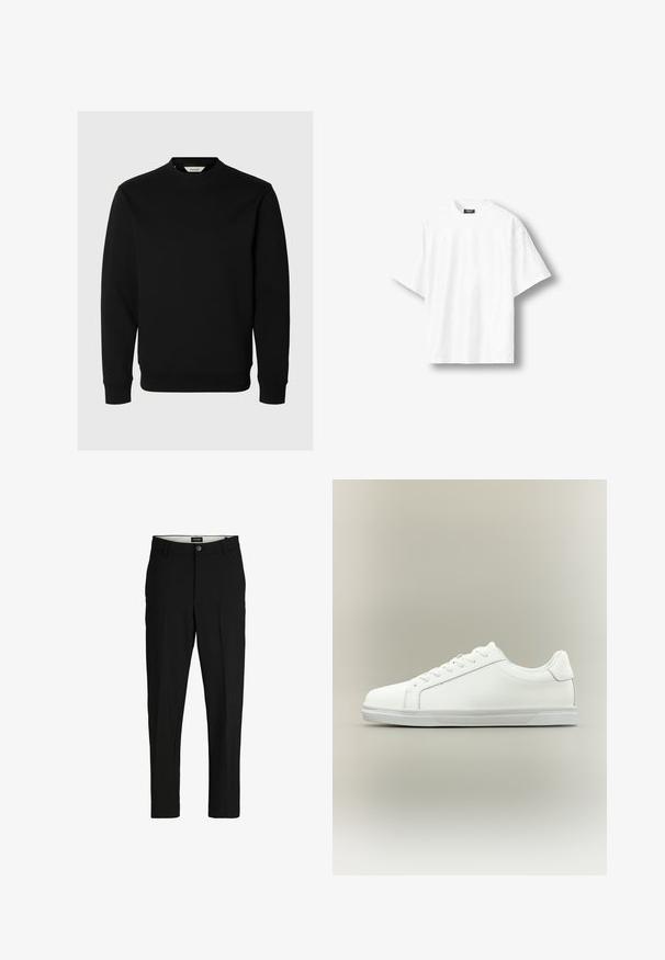 Zwarte sweater met lange mouwen en ronde hals met geribde boorden en zoom, afgebeeld op een effen lichtgrijze achtergrond.; Effen wit oversized T-shirt met korte mouwen en een ronde hals, met een zwart label aan de binnenkant van de achterkant van de kraag, getoond op een lichte achtergrond.; Zwarte broek van gladde stof, met een gestructureerd ontwerp, rechte pijpen, twee zijzakken en een enkele knoopsluiting.; Witte lage sneaker met veterluiting aan de voorkant en een gestructureerde rubberen zool tegen een neutrale achtergrond.