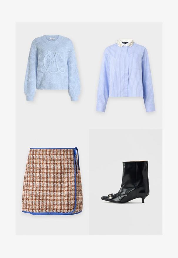 Lyseblå strikket sweater med tekstureret stof, ballonærmer og et prægede "L"-design i midten.; Lyseblå bluse med lange ærmer med tynde hvide og sorte lodrette striber, frontlomme og hvid krave pyntet med perler og perler.; Vevet omslagsskjørt i brun og hvid ternet mønster med blå trim. Har en sidetie og tekstureret stof for ekstra detalje.; Sort læder ankelstøvle med spids tå, lav kitten-hæl og dekorativ sølvspænde på siden nær tåen.