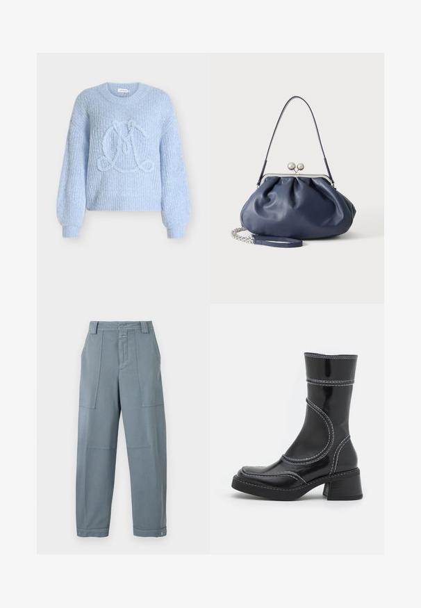 Lyseblå strikket sweater med tekstureret stof, ballonærmer og et prægede "L"-design i midten.; Blågrå bukser med lige ben, forlommer foran, bæltestropper, knaplukning i taljen og justerbare trykknapper ved anklerne.; Sort patenteret læder ankelstøvle med hvid stikning, rund tå og blokhæl. Har buede designlinjer og en glat tekstur.; Blød navyblå læderhåndtaske med sølv lukning, enkelt skulderrem og aftagelig kæde til håndleddet på hvid baggrund.